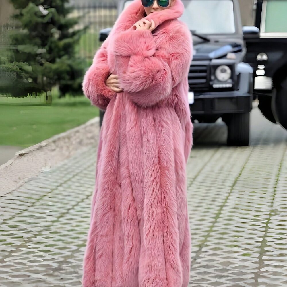 Pink Casual Womens Luxurious Waterfall Neckline Flowy  Faux Fur Long Jacket Coat - Picture 3 of 8